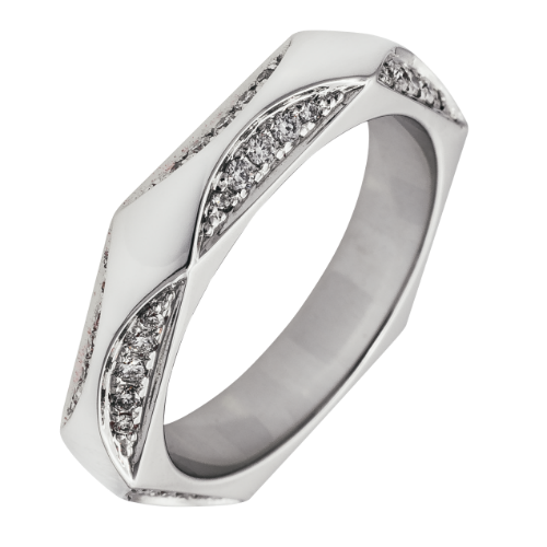 Широкое обручальное кольцо из белого золота геометрической формы Дива